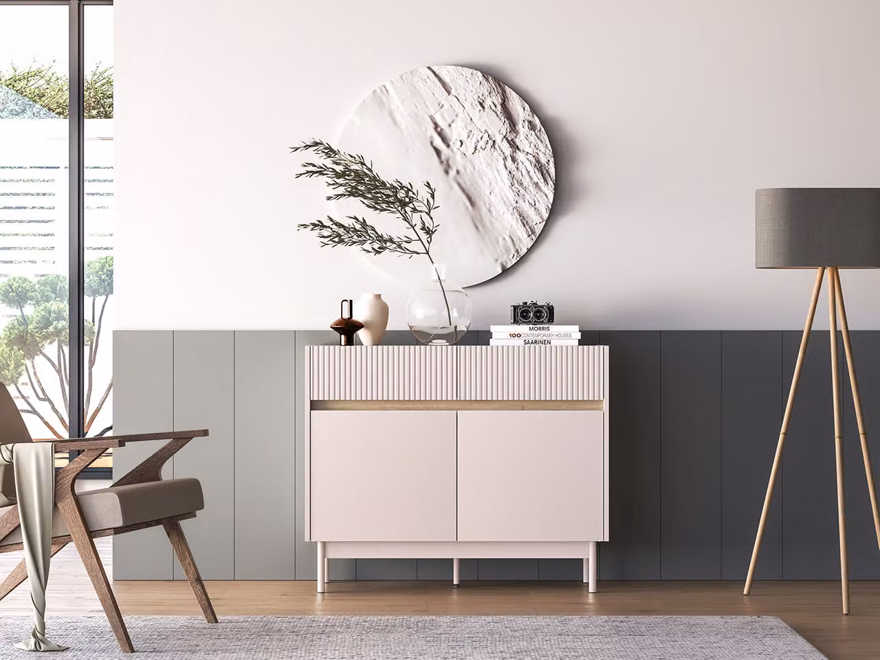 Cassettiera stretta combinata THEA - cashmere / rovere