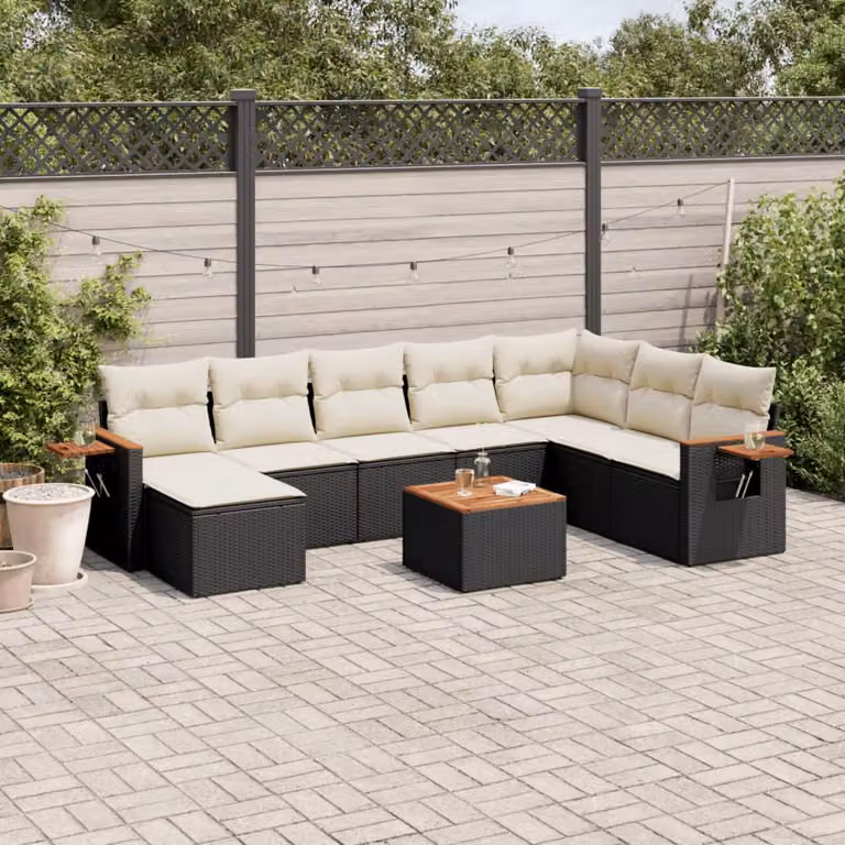vidaXL Set Divani da Giardino 9 pz a L in Polyrattan Nero con Cuscini e Tavolino da Esterno