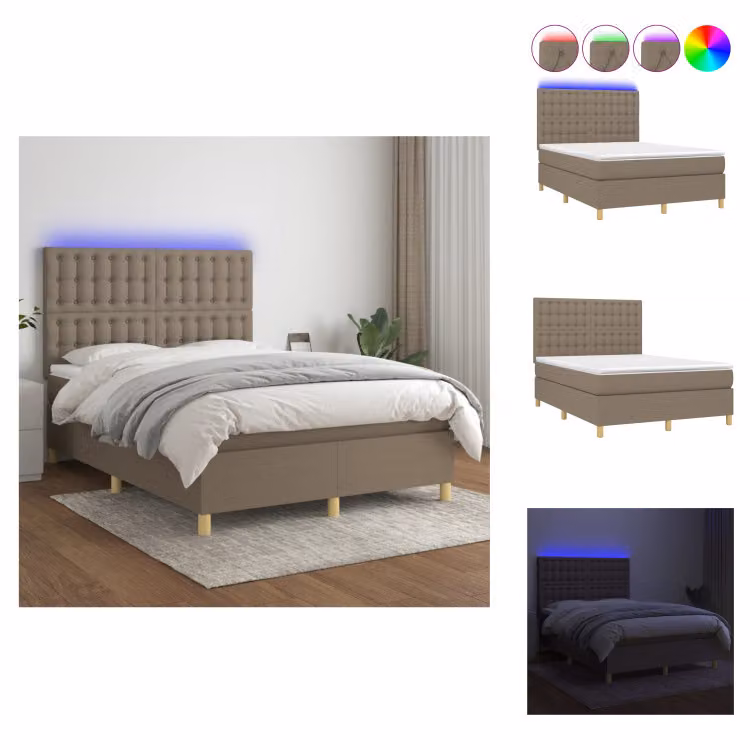 vidaXL Letto a molle con materasso e tessuto LED Taupe 140x190 cm - Letti & strutture letto