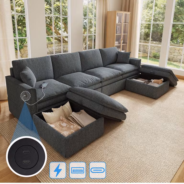 Divano angolare a forma di U, modulare, con 6 posti, dotato di poggiapiedi con spazio contenitore, trasformabile in forma a L, con connessioni USB e Type-C, rivestito in cotone e lino, colore grigio