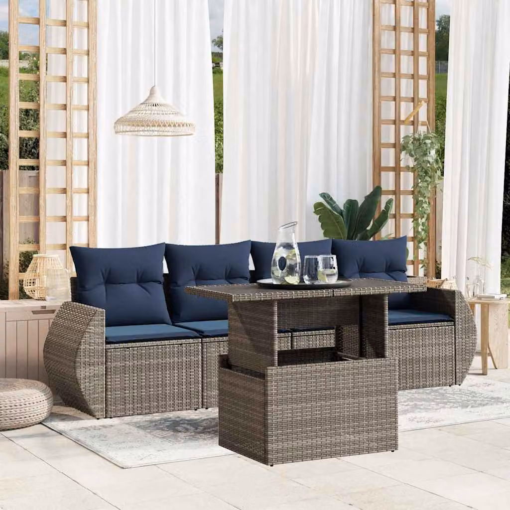 Set di divani da giardino vidaXL 5 pezzi con cuscini in polyrattan e metallo colore grigio e blu