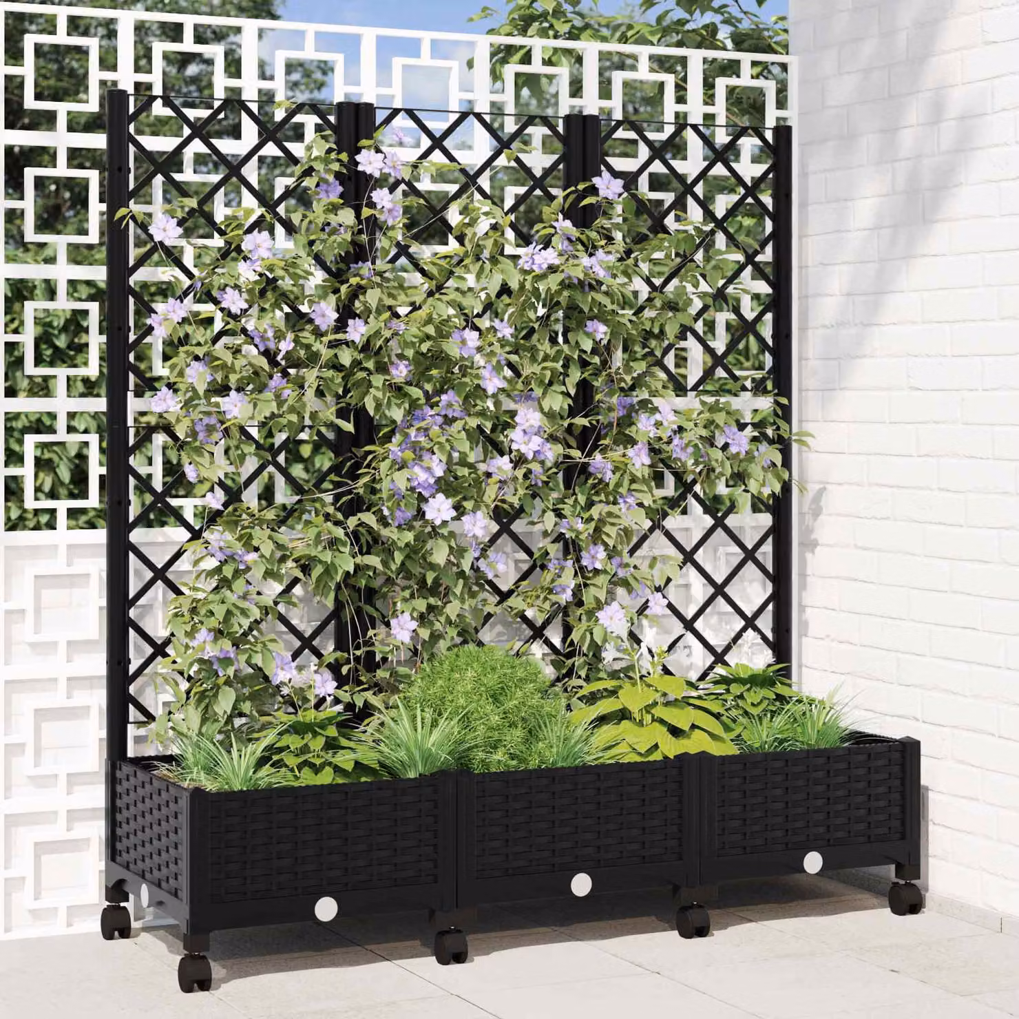 vidaXL Vaso da giardino con grigliato e ruote Nero L: 120 cm, P: 40 cm, H: 131,5 cm