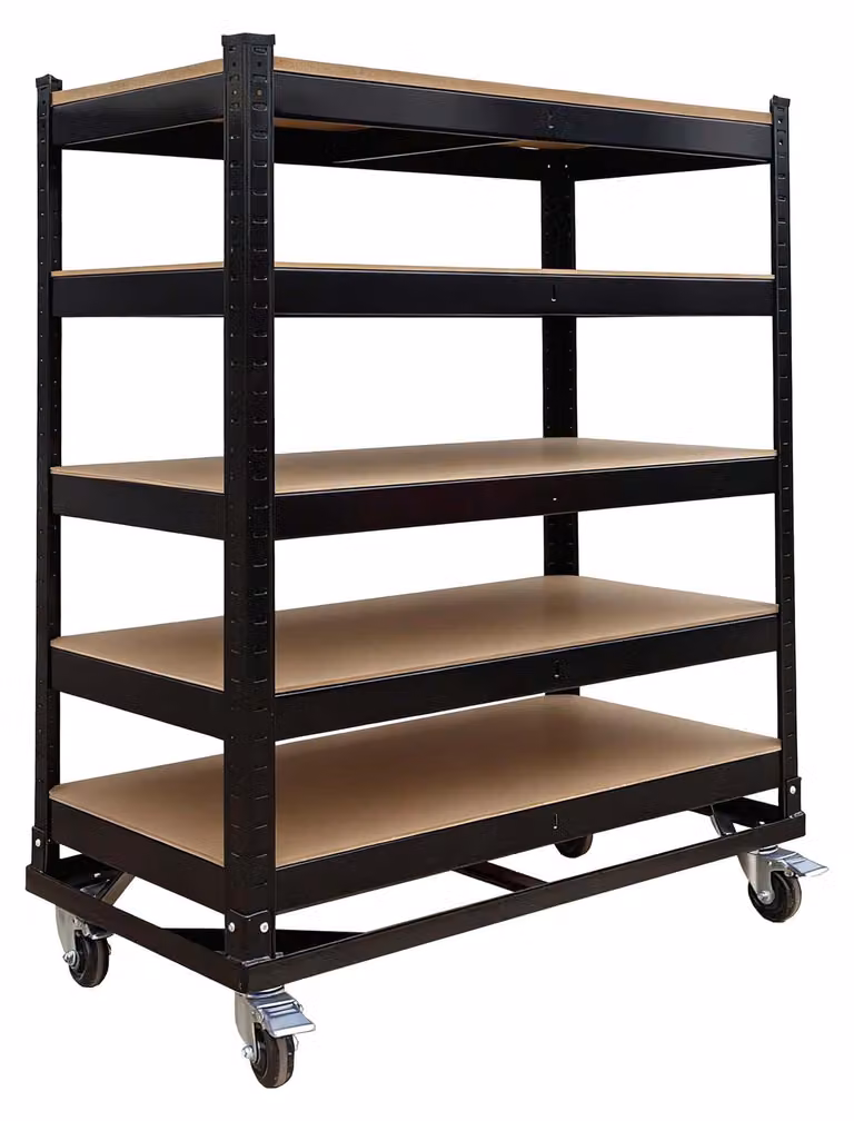 Carrello a più ripiani Relaxdays, 5 ripiani, rotelle e freno, fino a 750 kg, L x P x A: 110x90x45 cm, carrello da officina mobile, acciaio, nero
