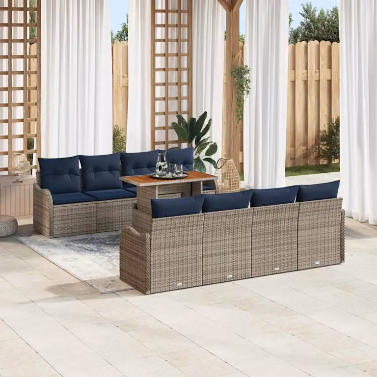 Set Divano da Giardino vidaXL 7 pz in Polyrattan con Cuscini Grigio e Blu Navy