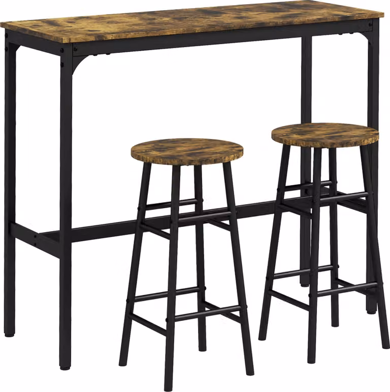 Set tavolo bar Fortuna Lai, 3 pezzi. Set tavolo bar con sgabelli, gruppo pranzo in design industriale, tavolo da cucina con 2 sgabelli, per sala da pranzo, cucina, acciaio, marrone rustico
