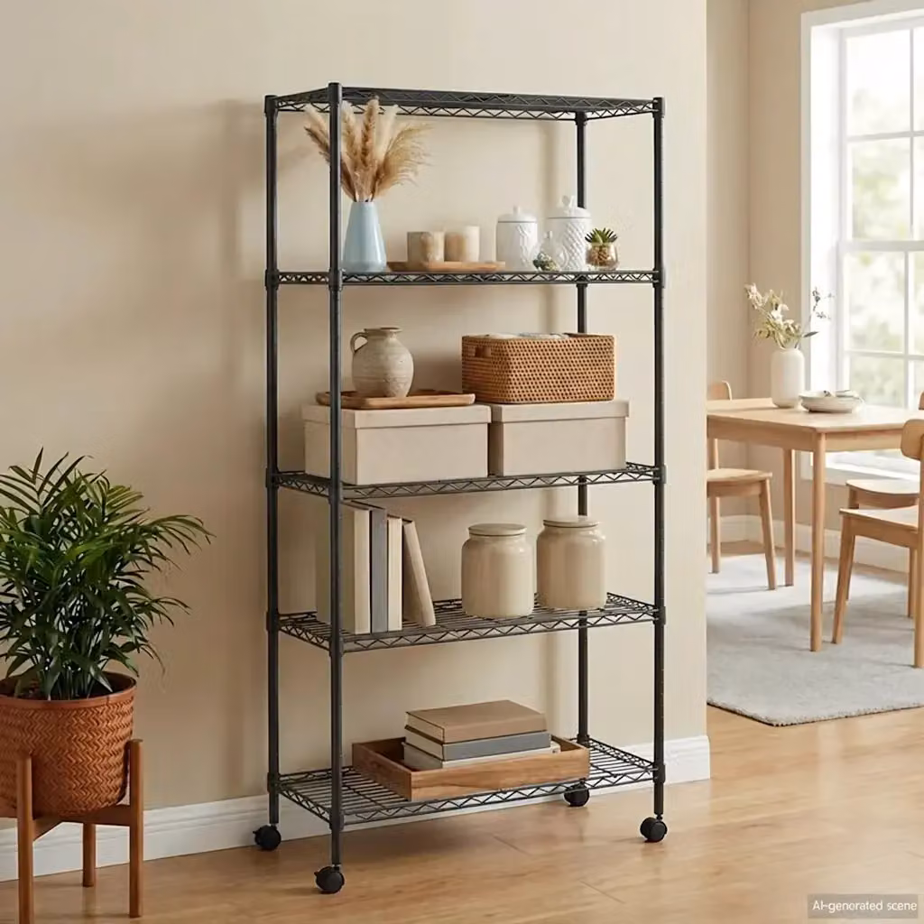 Scaffale a 5 Livelli DESIGN IN con Ruote in Metallo Nero, Ripiani Regolabili, L: 75 cm, P: 35 cm, H: 155 cm – 2