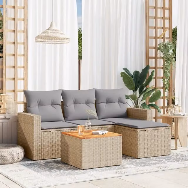 Set Divano da Giardino 5 pz con Cuscini-Sofa da Giardino-Divanetto da esterno Beige Misto Polyrattan 583315