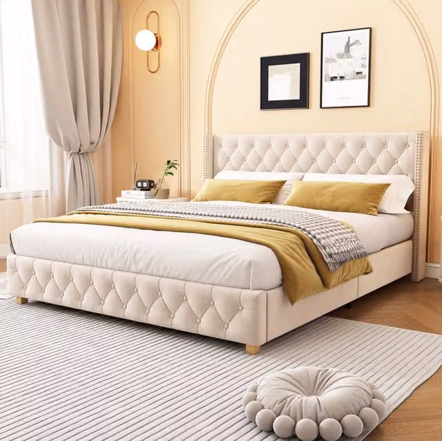 Letto matrimoniale imbottito 160x200 cm in velluto beige chiaro con testiera capitonné