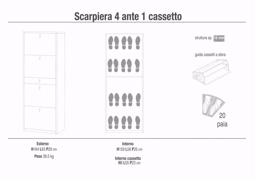 Scarpiera moderna SARMOG con 4 ante e cassetto centrale, colore grigio, L/P/H: 63 x 29 x 164 cm – 2
