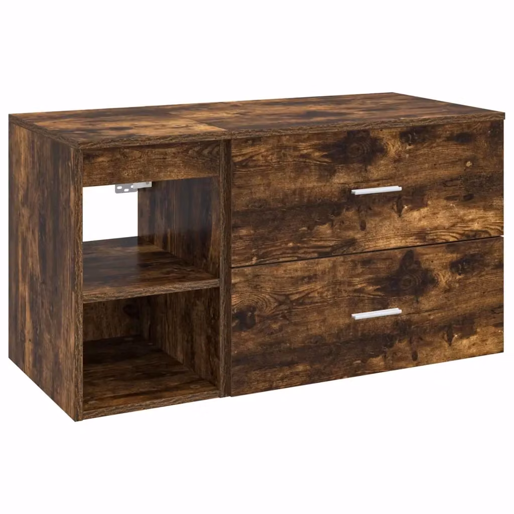 Set di mobili da bagno moderno vidaXL in legno color rovere marrone composto da mobile lavabo e pensile a parete L/P/H: 62,5 x 44,5 x 50,0 cm e 76,7 x 23,0 x 44,5 cm – 2