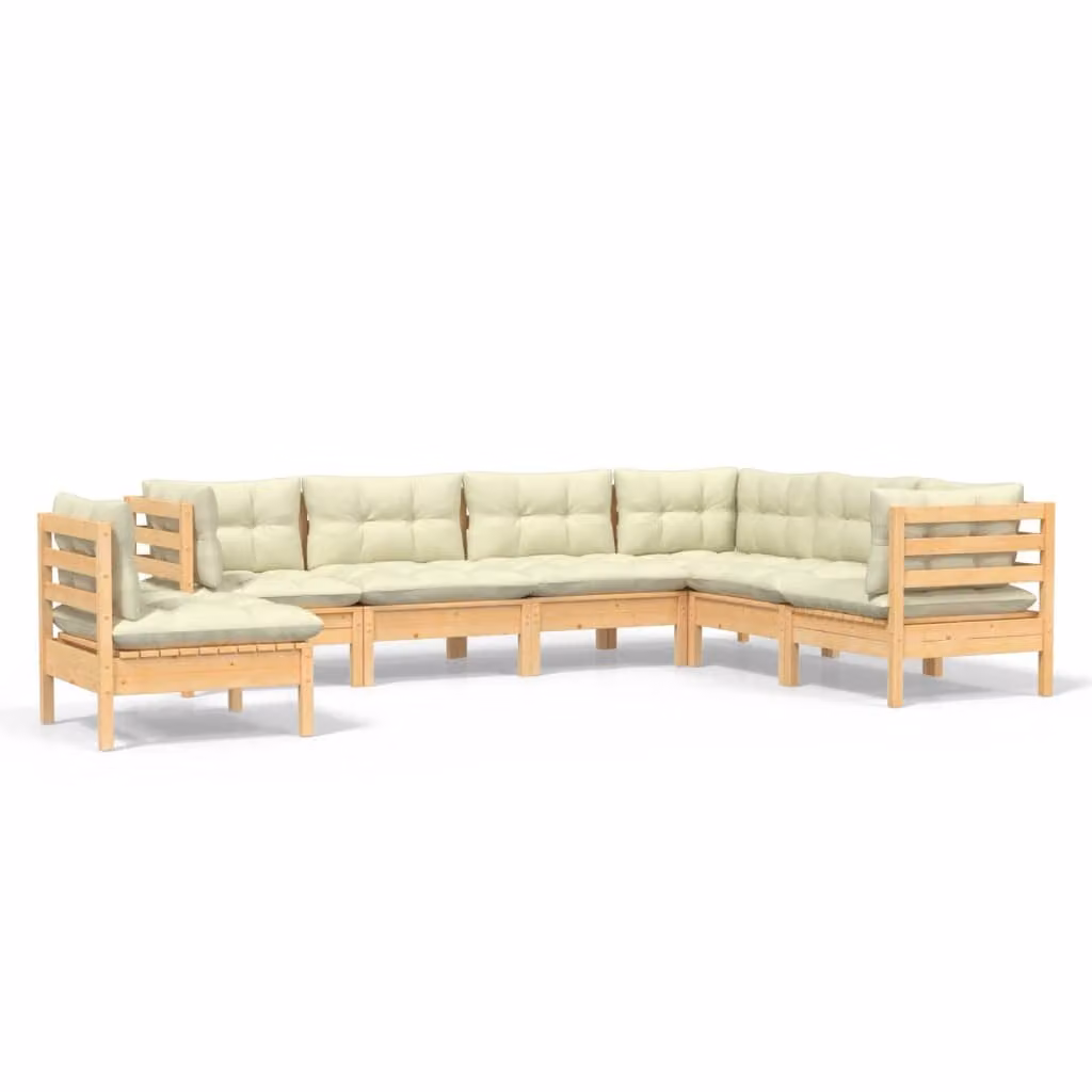 Set Divani da Giardino 7 pz con Cuscini Crema in Massello di Pino