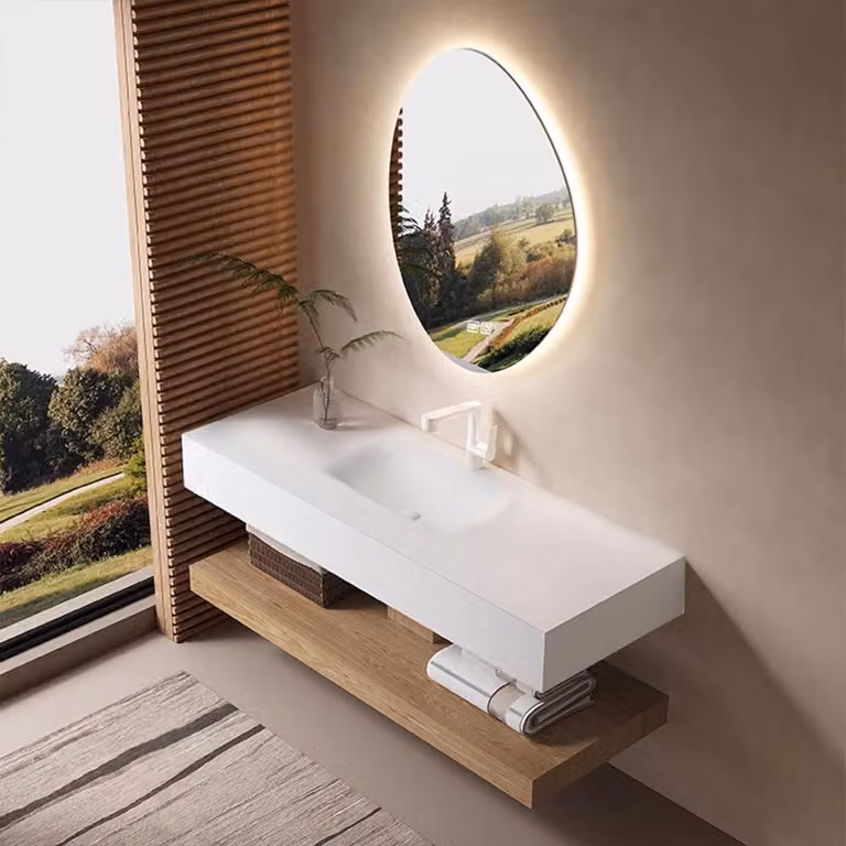 Set da bagno con lavabo bianco - pietra sinterizzata - specchio LED, ripiano marrone e set di scarico, 120×55 cm【R557】