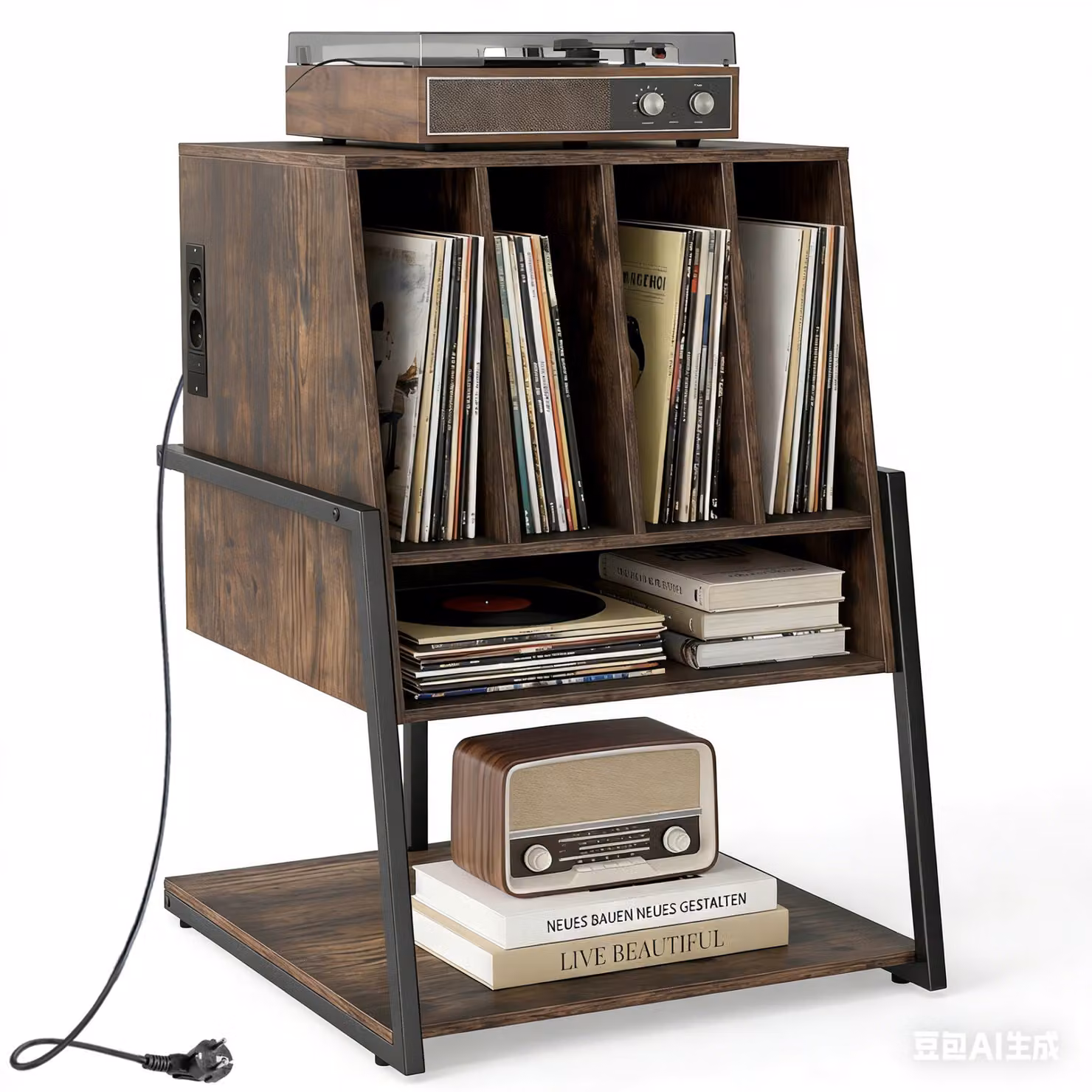 Mobile porta giradischi Costway in legno marrone con 4 scomparti e prese di corrente integrate