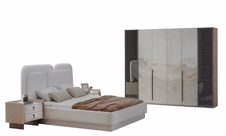 Set da camera da letto: comodino, letto, colore bianco, stile moderno, testiera, nuovo