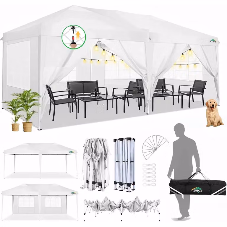 Gazebo da esterno 3x6 metri, impermeabile, con protezione UV 50+ e dotato di 6 pannelli laterali, colore bianco