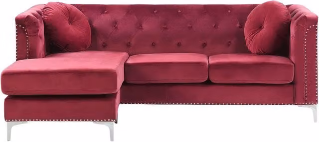 Divano ad angolo Beliani a 3 posti in velluto rosso con forma a L versione destra e cuscini aggiuntivi L/P/H: 212 x 145 x 77 cm