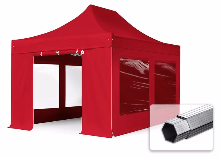 TOOLPORT 3x4,5m gazebo pieghevole PES con laterali (finestre panoramiche), PROFESSIONAL alluminio, rosso