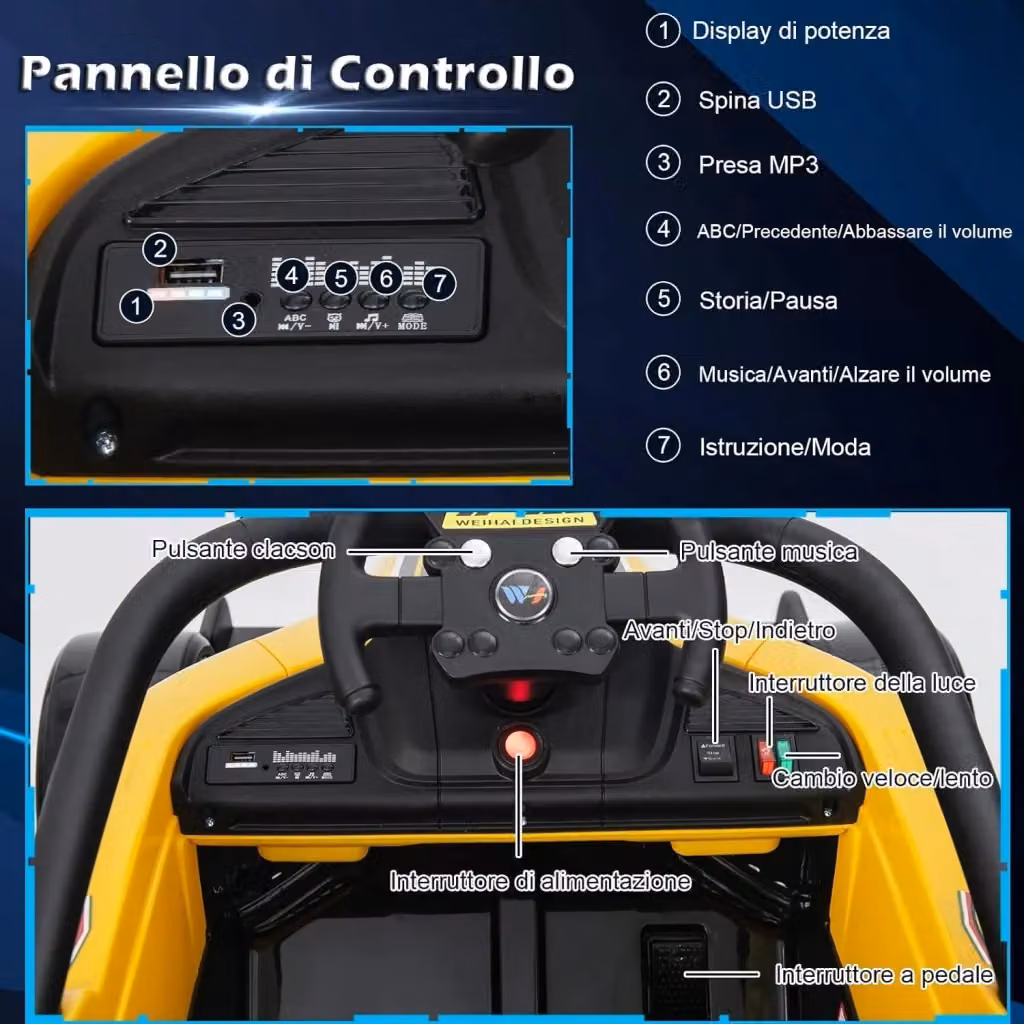 Macchina Elettrica per Bambini Costway 12V con Telecomando, Luci LED e Musica, Veicolo Elettrico Giallo – 2