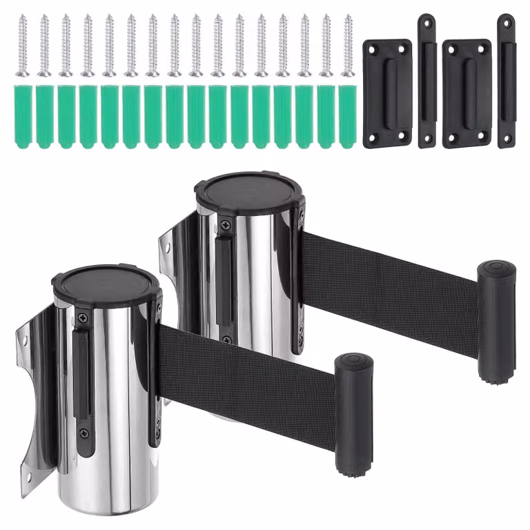Set di 2 barriere a nastro retrattili, lunghezza 3 metri, corpo in acciaio, colore argento/nero