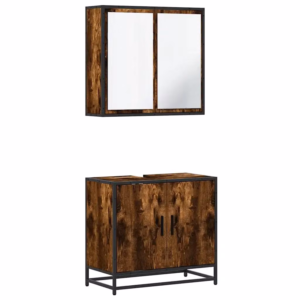Set Mobili da Bagno Industrial vidaXL in Legno e Metallo Marrone, composto da Mobile Lavabo e Armadietto con Specchio, a Parete – 2