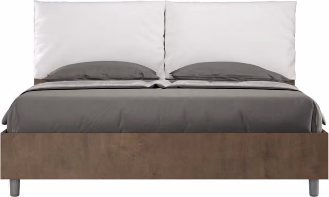 BS COM Letto matrimoniale con rete 160x190 Noce cuscini similpelle bianco