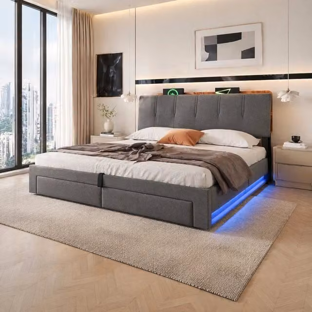 Letto contenitore imbottito in tessuto grigio con illuminazione LED e porte di ricarica USB e USB-C L/P/H: 180 x 200 x 107 cm