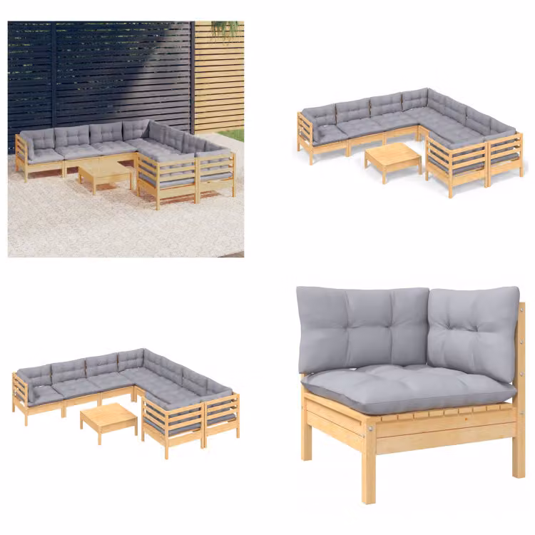vidaXL Set salotto da giardino 9 pezzi con cuscini grigi in legno di pino - Set salotto da giardino - Set salotto da giardino - Set mobili da giardino - Set mobili da giardino