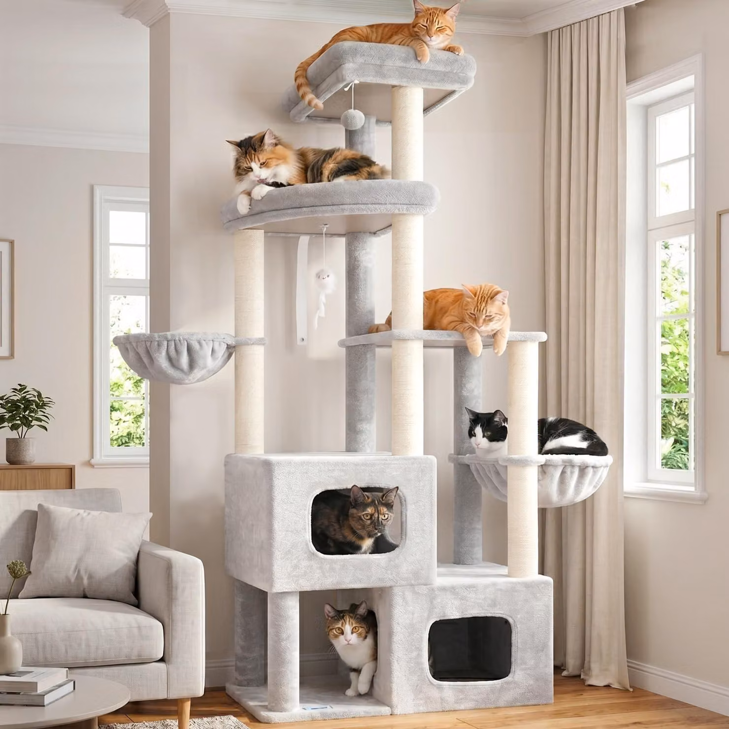 Albero per graffiare stabile, alto 181 cm, ideale per gatti di grossa taglia, con 2 rifugi