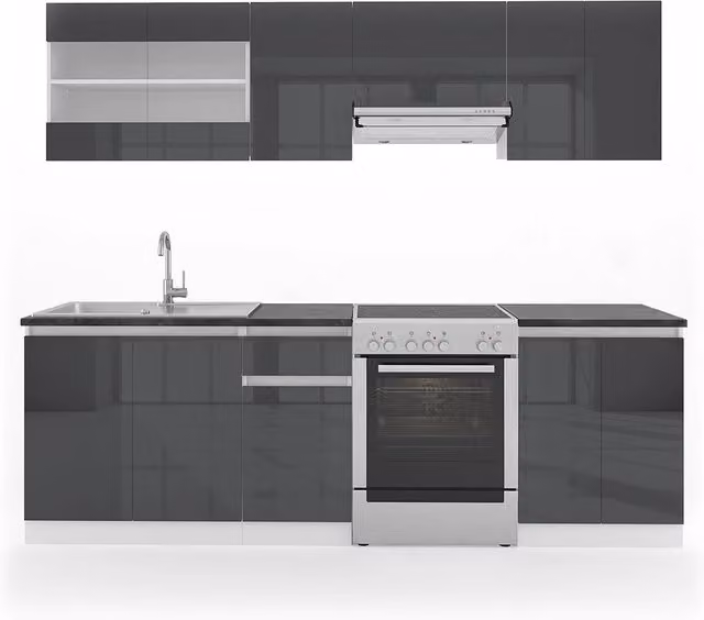 Mobile da cucina R-Line Antracite lucido/Bianco 240 cm, AP Nero Vicco