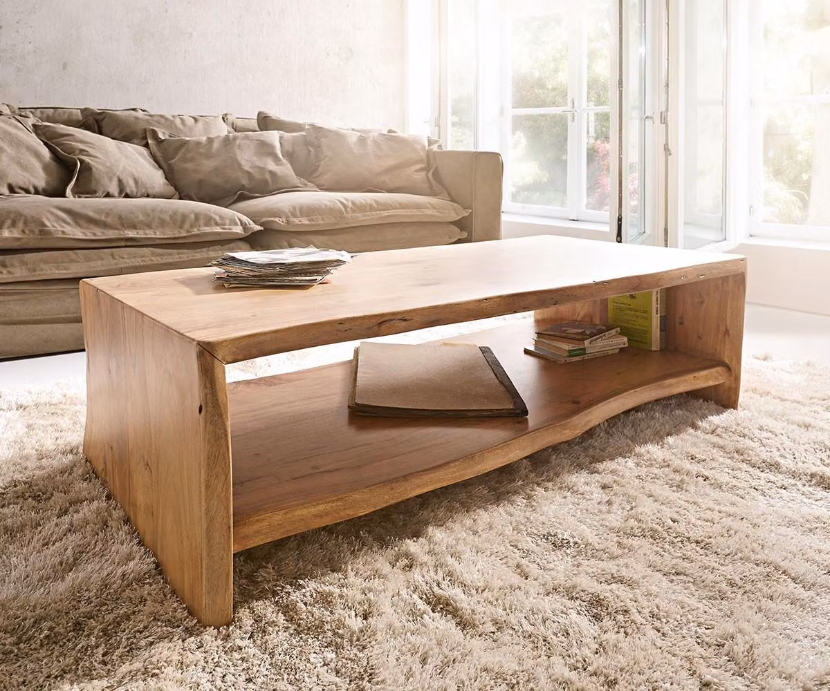 Tavolino da divano DELIFE, bordo naturale in legno di acacia, 130x60 cm