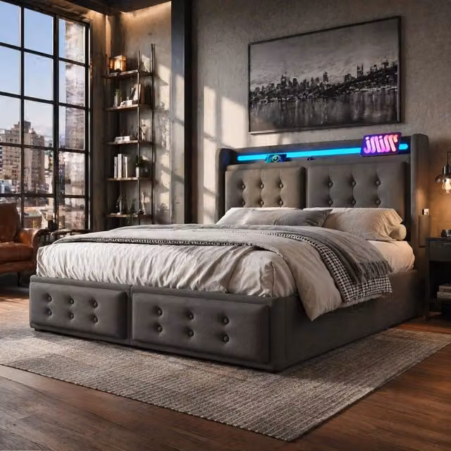 Letto contenitore Mivray con illuminazione LED, prese USB e USB-C, testiera imbottita in cotone e lino grigio, L/P/H: 140 x 200 x 109 cm