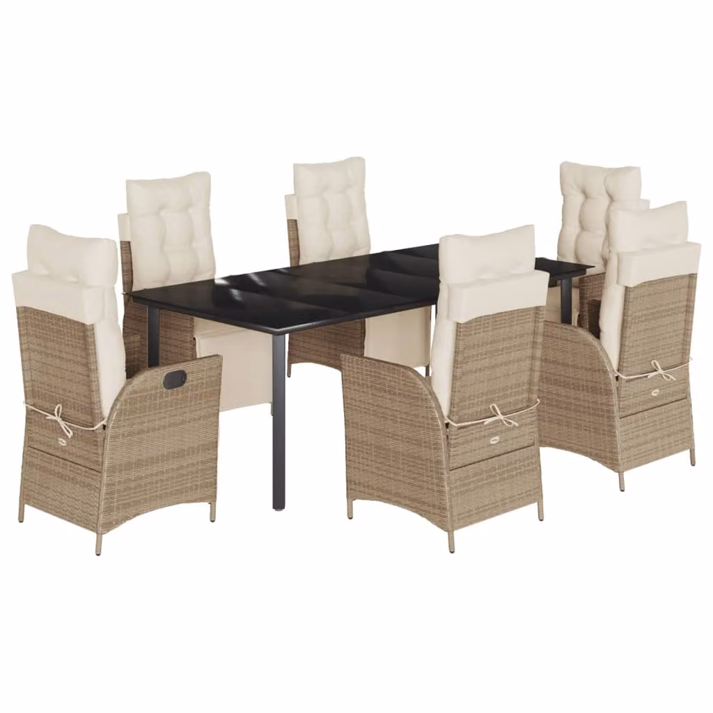 Set da Pranzo da Giardino 7 pz con Cuscini Beige in Polyrattan