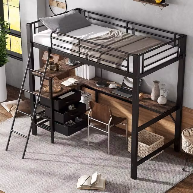 Letto a castello con scrivania ¨C Minimal ¨C nero rovere scuro metallo 3 cassetti 90x200cm