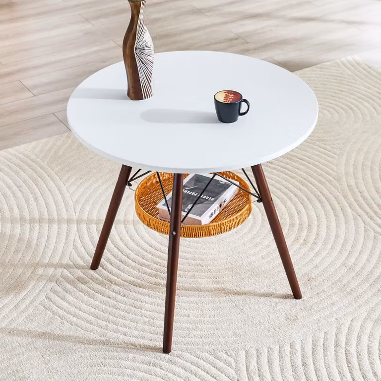 okwish Tavolino rotondo con ripiano, tavolino da salotto con gambe in legno di noce, tavolino da divano per soggiorno, bianco