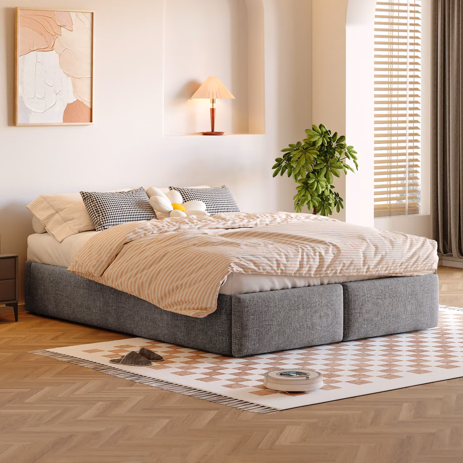 Letto imbottito Flieks 140x200cm con 2 cassetti, letto matrimoniale contenitore letto giovanile senza testata, letto a molle idrauliche con rete a doghe, biancheria