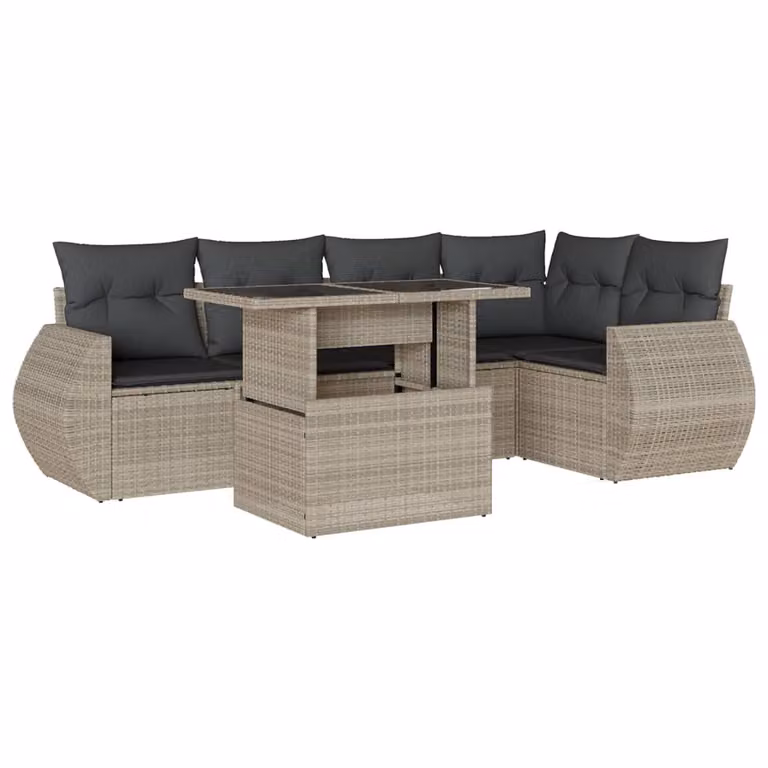 Set Divano da Giardino 6pz con Cuscini Grigio Chiaro Polyrattan