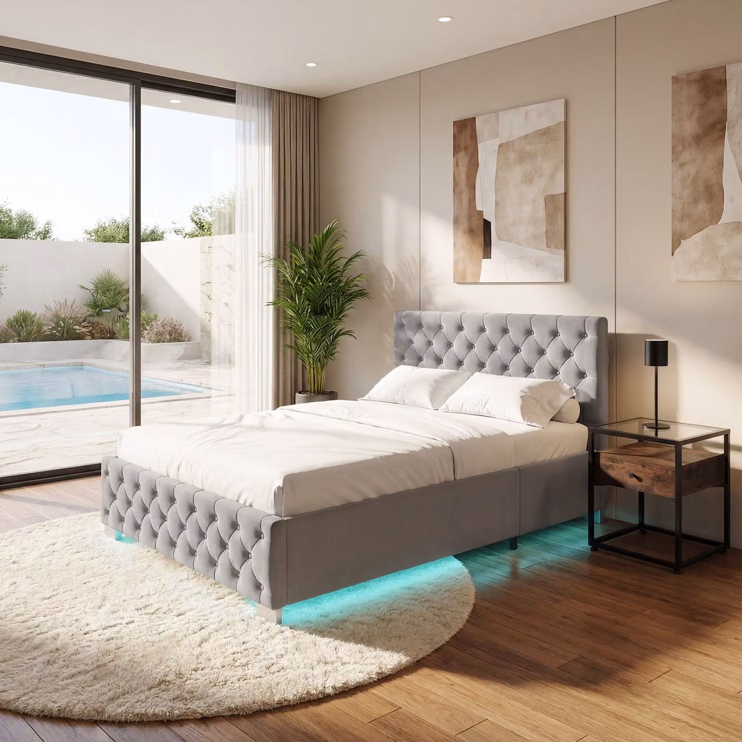 Letto imbottito modello Chesterfield tectake in velluto grigio con contenitore a sollevamento e illuminazione LED sotto il letto L/P: 120 x 200 cm – 1
