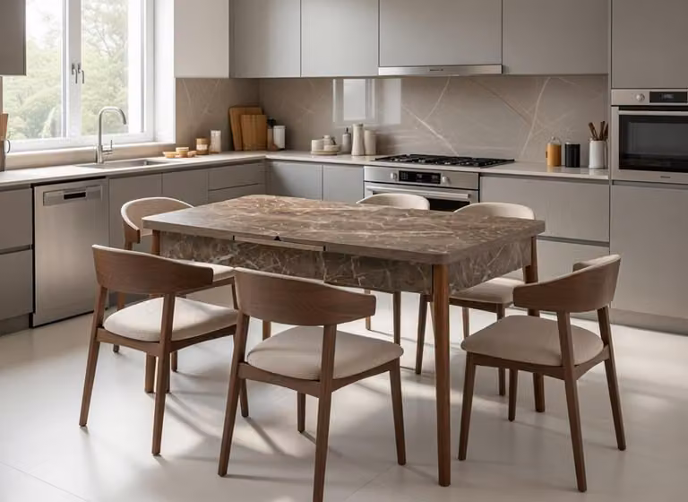 Tavolo da pranzo, sala da pranzo, marmo, legno, rettangolare, moderno, marrone, elegante
