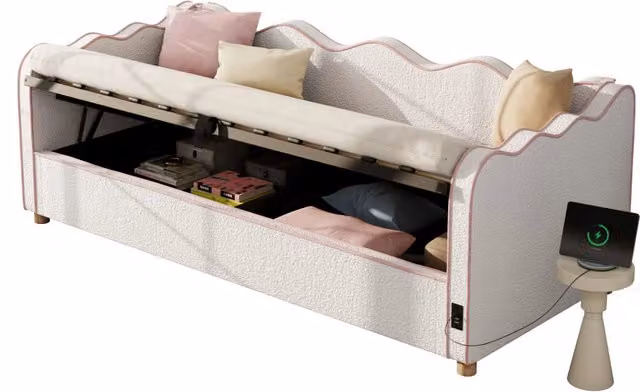 Letto singolo imbottito 90x200 cm con vano idraulico; USB e Type-C; bouclé beige