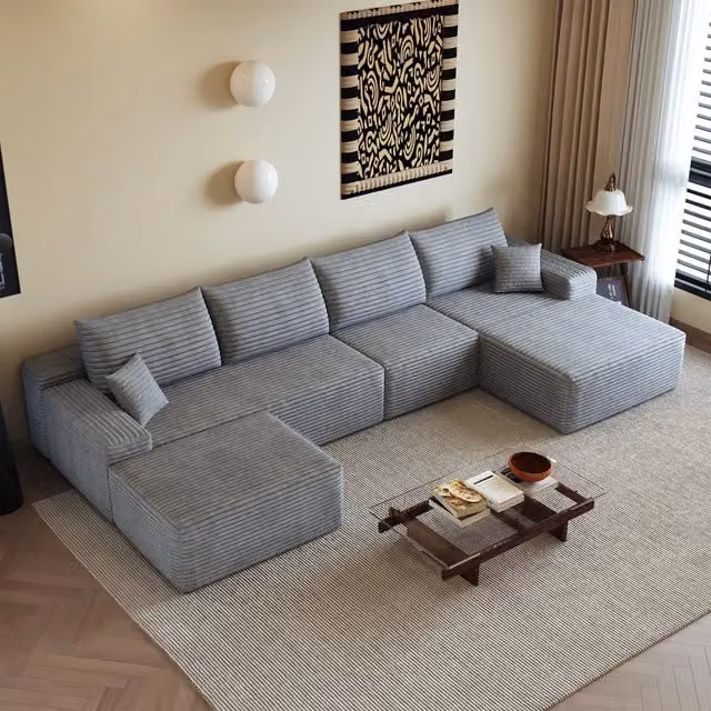 Divano angolare modulare in tessuto a coste con chaise longue e schiuma ad alta elasticità per soggiorno grigio
