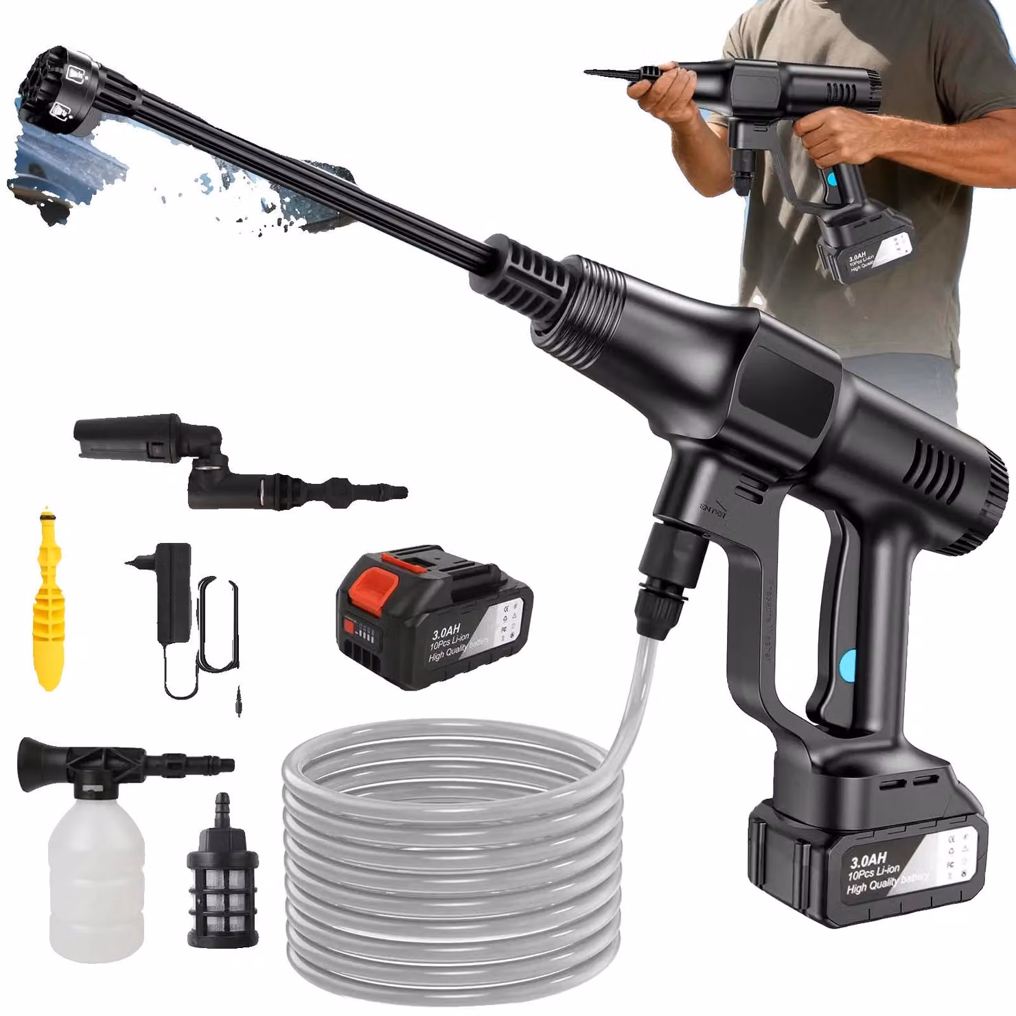 Idropulitrice, pressione regolabile, sistema a ugelli multipli, 1 batteria