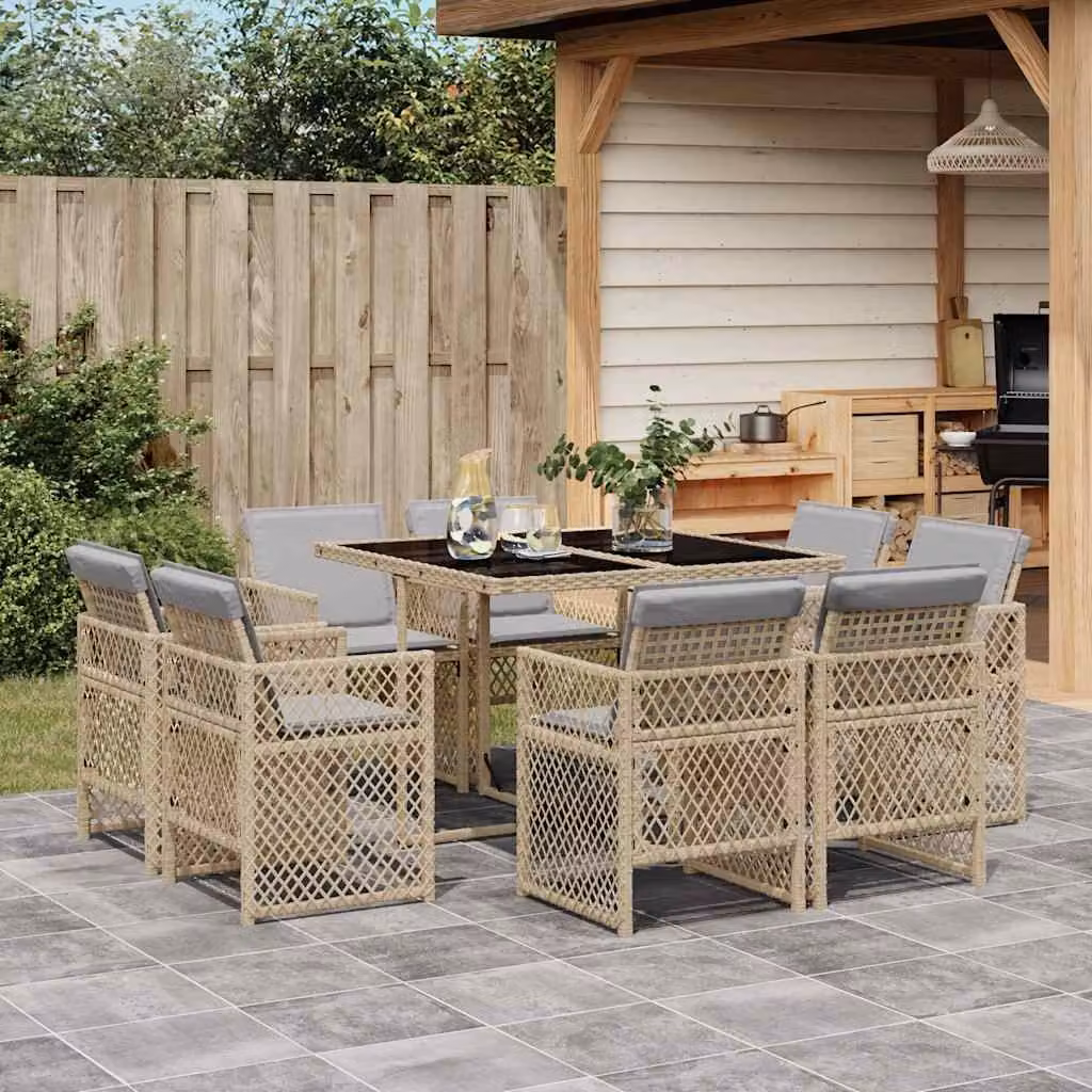 Set Pranzo da Giardino vidaXL 9 pz in Polyrattan con Cuscini Beige e Piano in Vetro – 1