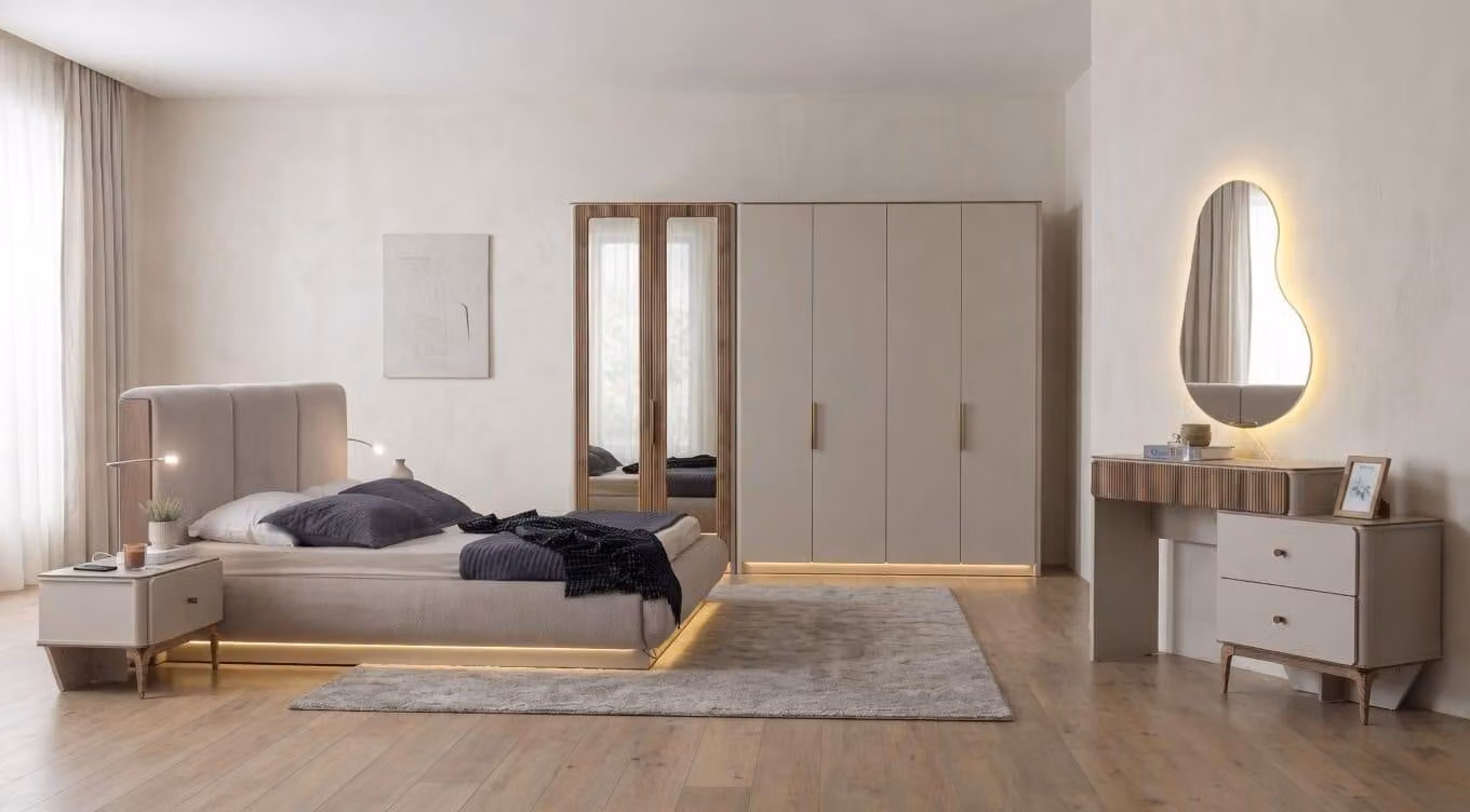 Set completo per camera da letto letto, armadio, comodini, specchio. Design elegante