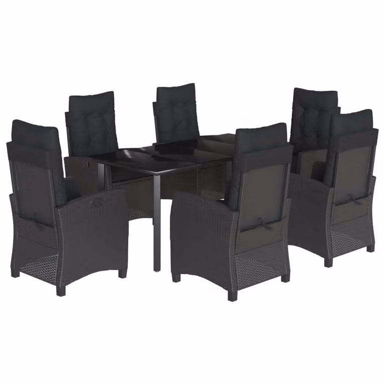 Set da Pranzo da Giardino 7 pz Nero con Cuscini in Polyrattan