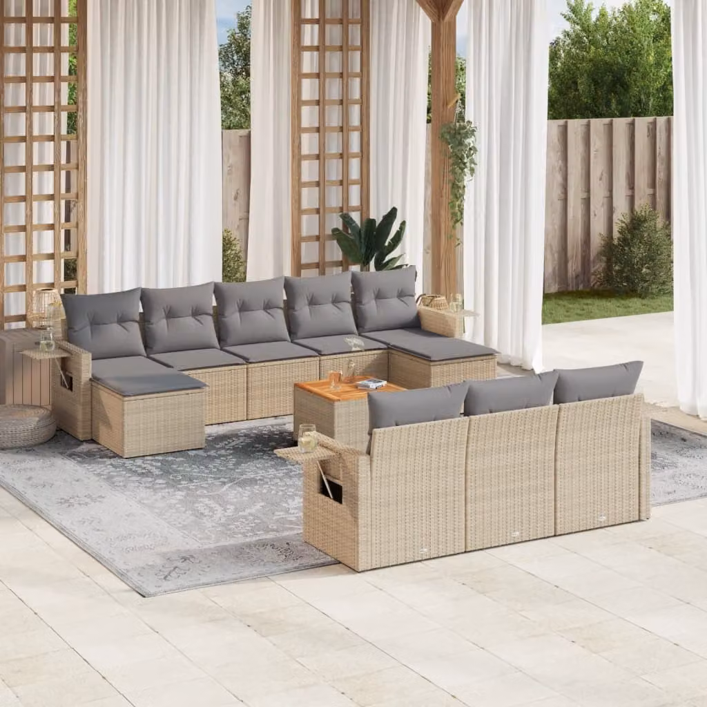 vidaXL Set Divani da Giardino 11 pz in Polyrattan con Cuscini Beige e Grigio per Terrazza e Giardino – 1