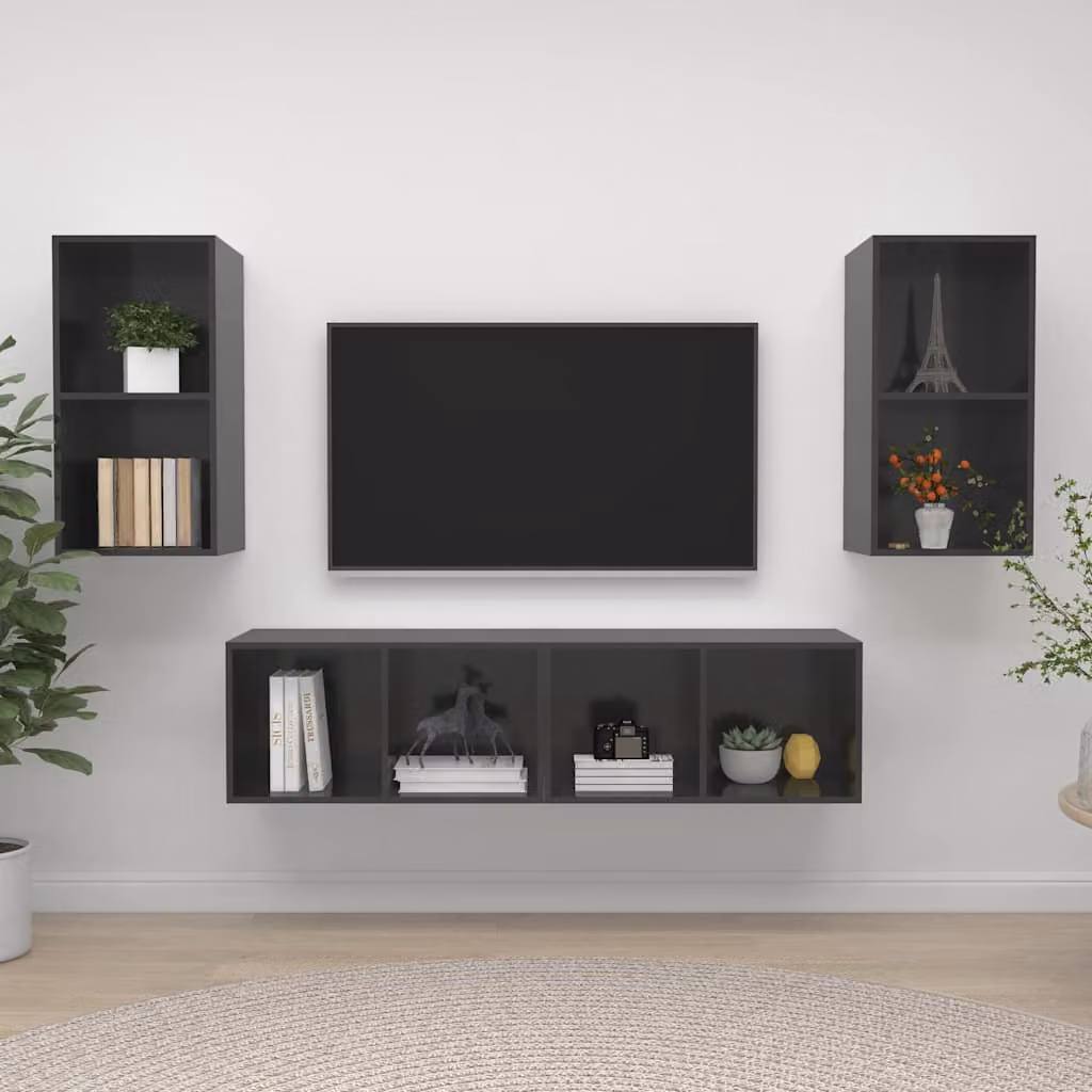 Mobile TV a parete vidaXL in legno MDF Grigio Lucido con scomparti multimediali