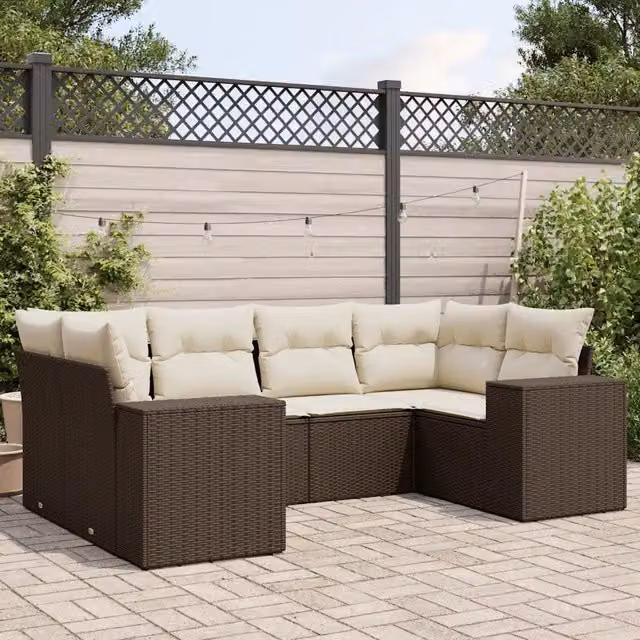 Set Divano da Giardino a L vidaXL in Polyrattan Marrone e Bianco con Cuscini e Struttura in Acciaio – 1