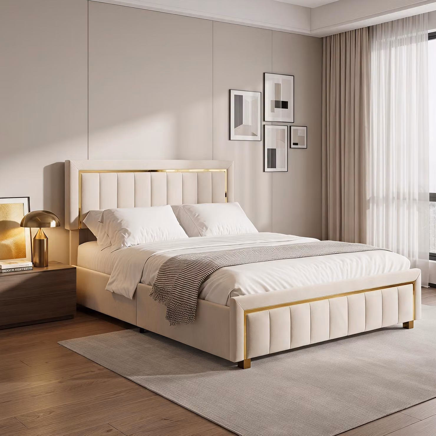 Letto imbottito INONEFT 140x200 cm con rete a doghe, letto box con sistema idraulico e spazio contenitore, letto matrimoniale con bordo dorato, testiera regolabile, rivestito in velluto