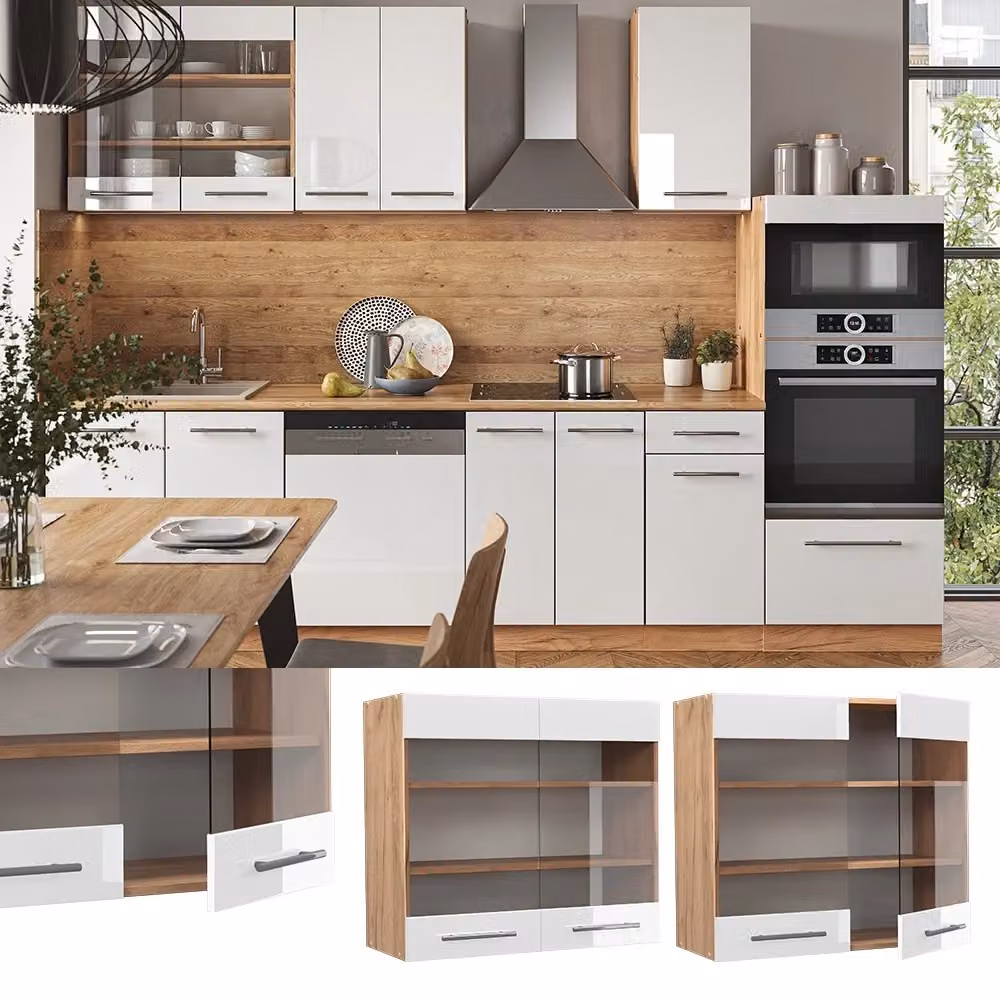 Pensile da cucina Vicco Fame-Line con ante in vetro, Bianco lucido e Rovere, L: 80 cm – 2