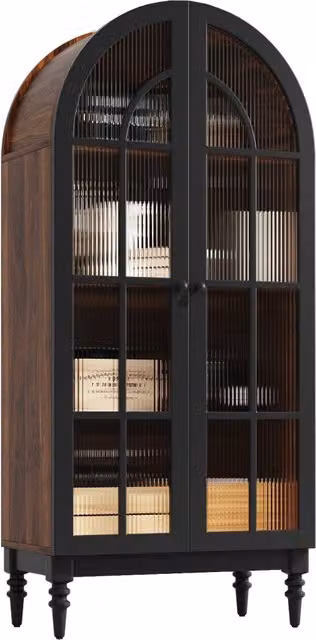 Credenza alta con ante in vetro; 76 x 38;5 x 165 cm; struttura ad arco in MDF; nera con finitura effetto legno
